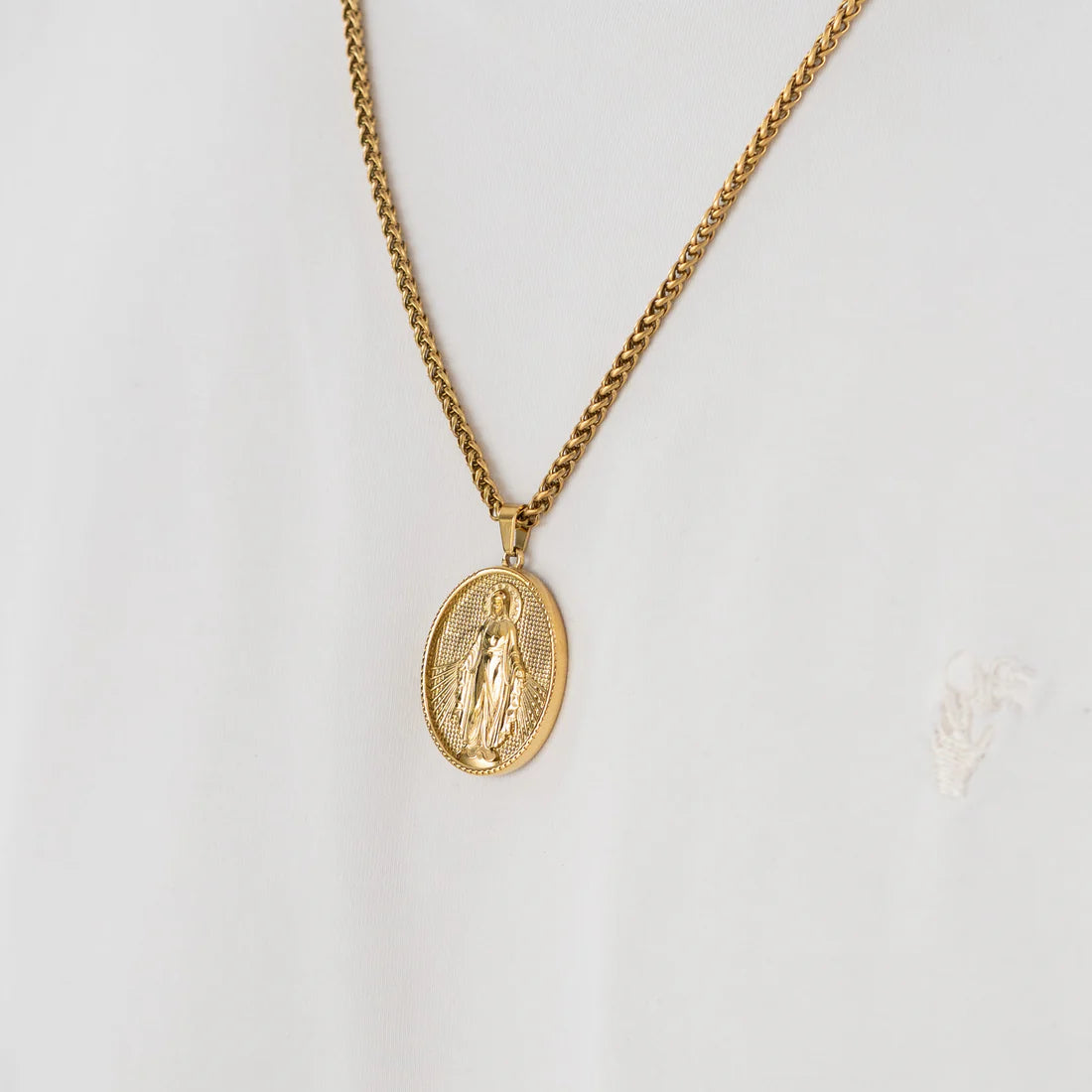 Cadena Tejido Trigo + Dije Virgen Milagrosa Hombre
