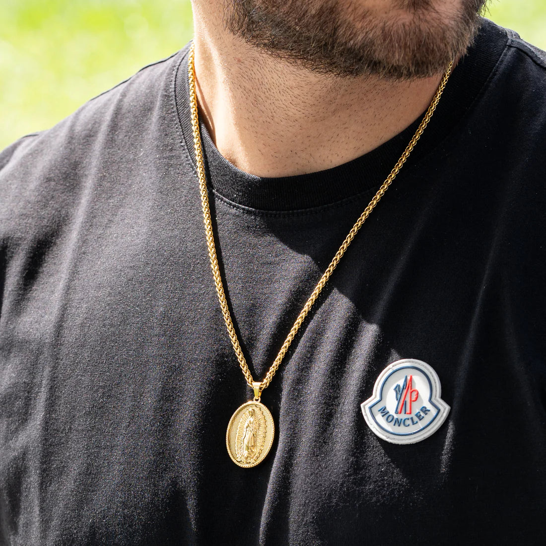 Cadena Tejido Trigo + Dije Virgen Guadalupe Hombre