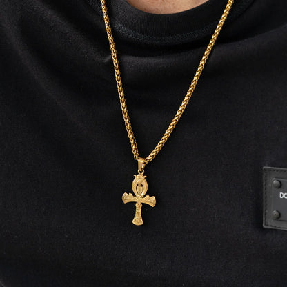 Cadena Tejido Trigo + Dije Cruz Egipcia Hombre