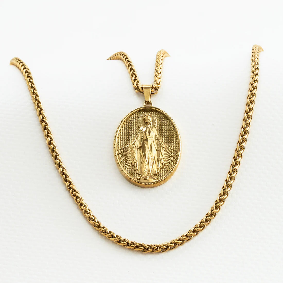 Cadena Tejido Trigo + Dije Virgen Milagrosa Hombre
