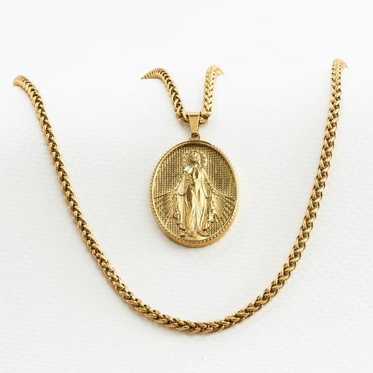 Cadena Tejido Trigo + Dije Virgen Milagrosa Hombre