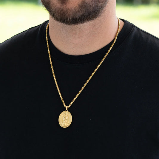 Cadena Tejido Trigo + Dije Virgen Guadalupe Hombre